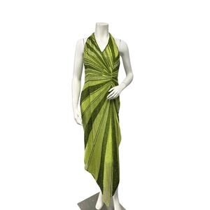 Vintage Caché Silk Beaded Halter Evening Gown Lime Green Y2K Formal Dress Large